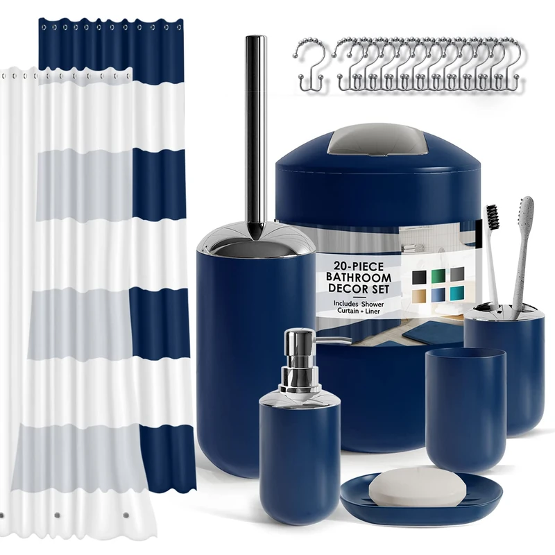 Clara Clark Bathroom Set - Gray Bathroom Accessories Set, 20PC Bathroom Accessory Set, Shower Curtain Set with Liner, Toothbrush Holder, Soap Dispenser, Soap Dish, Toilet Brush Holder, and Trash Can - Image 1