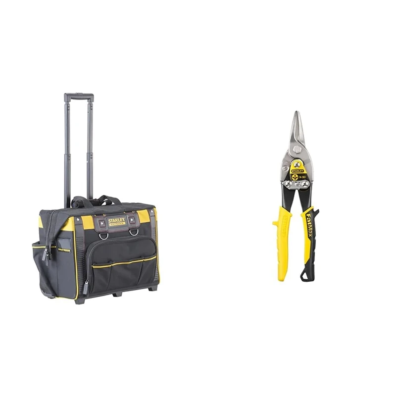 STANLEY FATMAX Open Mouth Rolling Rigid Tool Bag Trolley, Multi-Pockets Storage Organiser, FMST1-80148, Black & Aviation Snips – Straight Cut (2-14-563), Black and Yellow
