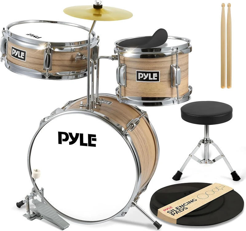 Pyle Drum Kit, Kids Drum set, Junior Acoustic Drums for Kids Ages 3-12, Beginner Child Drummer Kits w/Adjustable Padded Seat/Lightweight Drumsticks/Silencing Pads, Wood and metal, Easy to Assemble