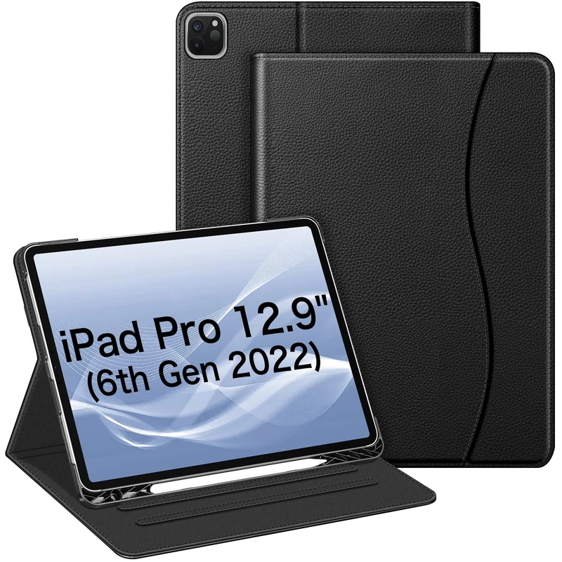 FINTIE Case Compatible with iPad Pro 12.9 inch (2022/2021/2020/2018, 6th/5th/4th/3rd Generation), Multi-Angle Smart Stand Cover w/Pencil Holder & Pocket, Auto Sleep/Wake, Black
