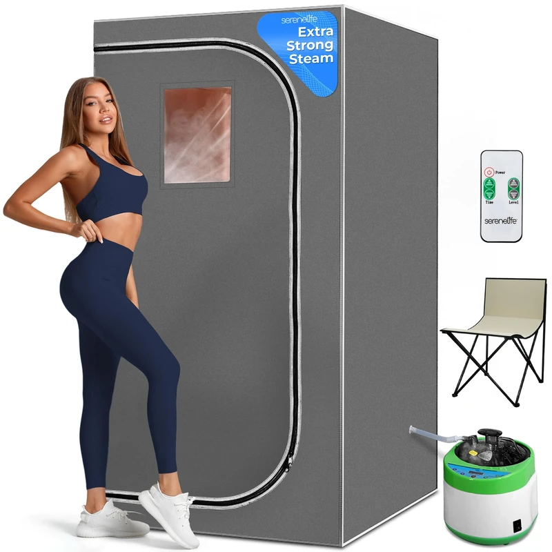 SereneLife Portable Steam Sauna, One Person Home Sauna Box with Free Heating Foot Pad and Portable Chair