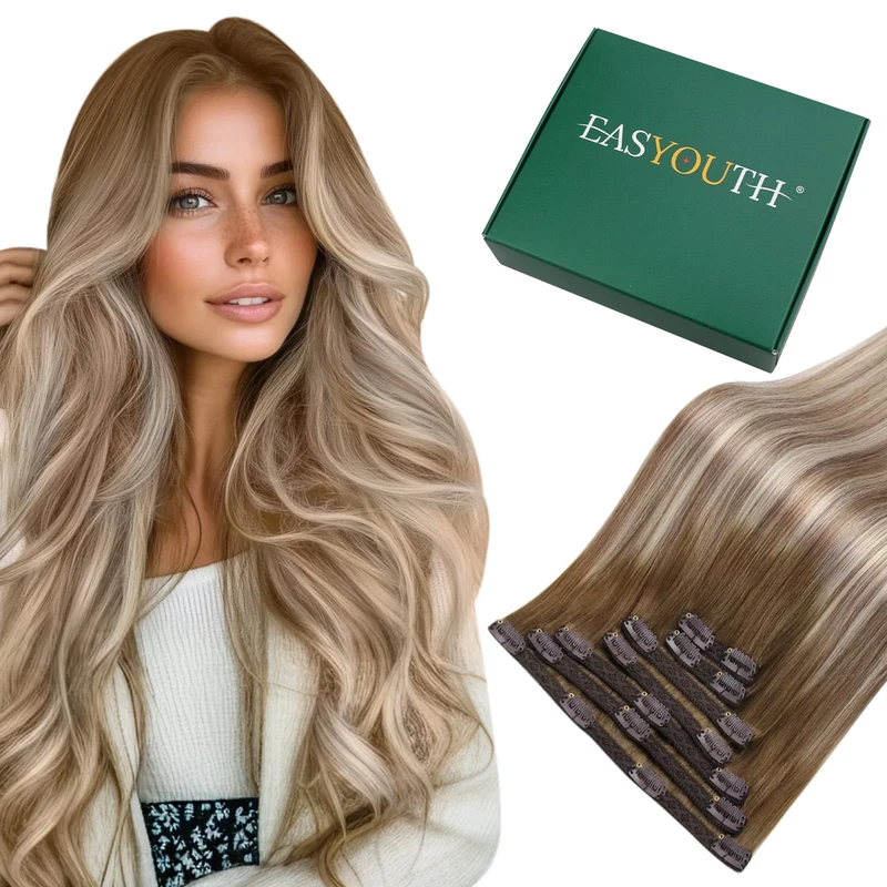 Easyouth Clip in Hair Extensions Real Human Hair Balayage Blonde Clips on Extension Ombre Brown to Light Brown Mixed Blonde Clip in Human Hairs Extensions for Women 14Inch 7Pcs 70G #3/8/22