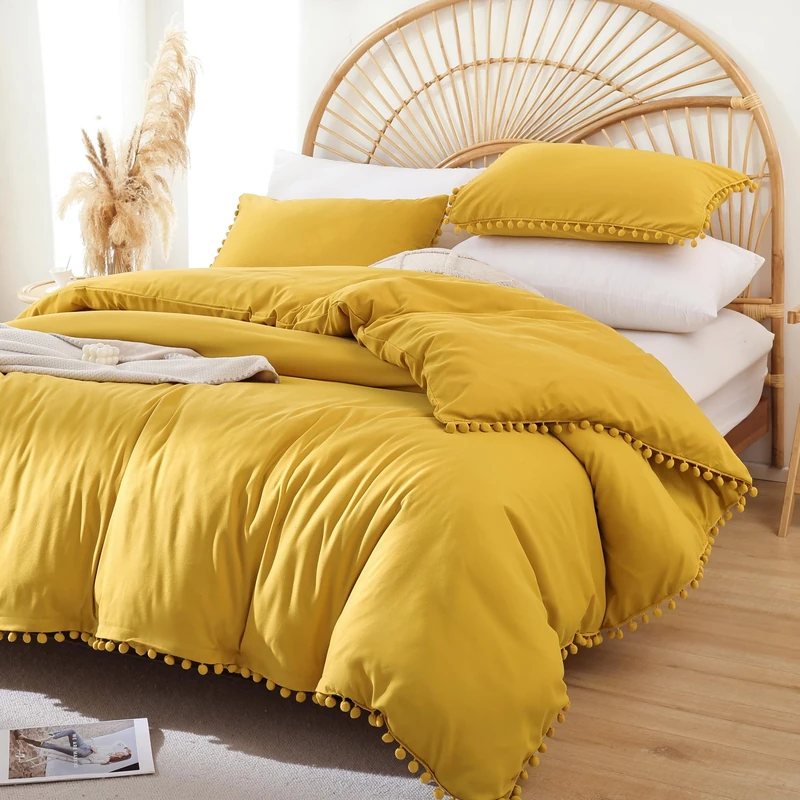 YIRDDEO Yellow Queen Comforter Queen Set 3pcs Boho Ball Pom Pom Bedding, Aesthetic Mustard Yellow Comforter Sized Comforter Sets Bed Set Deep Yellow Bed Set for Women Men (1 Comforter 2 Pillowcases)