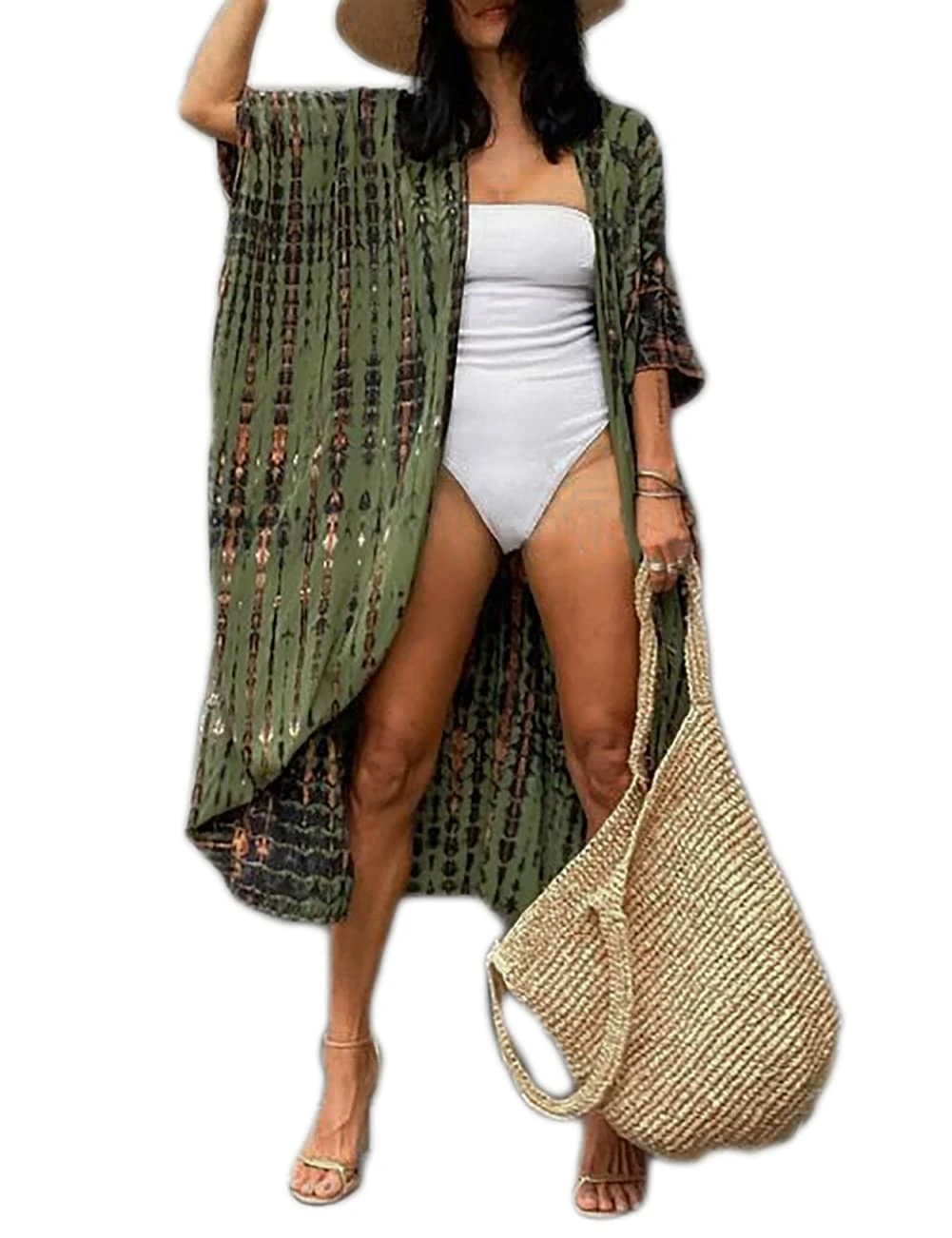 Bsubseach Women Tie Dye Long Beach Swimsuit Cover Ups for Swimwear Sexy Bikini Beach Kimono Cardigan Army Green