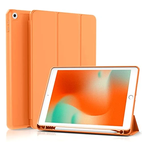 ZOYU Case for iPad 9th/8th/7th Generation with Pencil Holder, 10.2 inch Stand Smart Case, Soft TPU, Auto Sleep/Wake, Orange