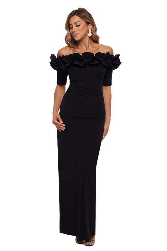 Xscape Women's Long Off The Shoulder Scuba Crepe Dress (Reg and Petite) Special Occasion, Black, 12
