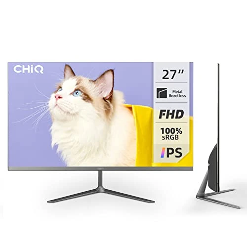 CHiQ 27 Inch Computer Monitor, FHD, IPS, 75Hz, Metal Frameless, LED, 5ms, 3-Sided Frameless & Ultra Slim, HDMI DP VGA inputs, Lowblue Mode, Flicker-Free, Freesync,VESA Compatible
