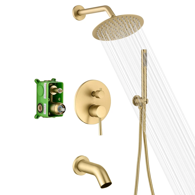 SUMERAIN Shower System with Tub Spout and Handheld Shower, Brass Rain Shower Tub Set with 8 Inches Shower Head and Rough in Valve Brushed Gold