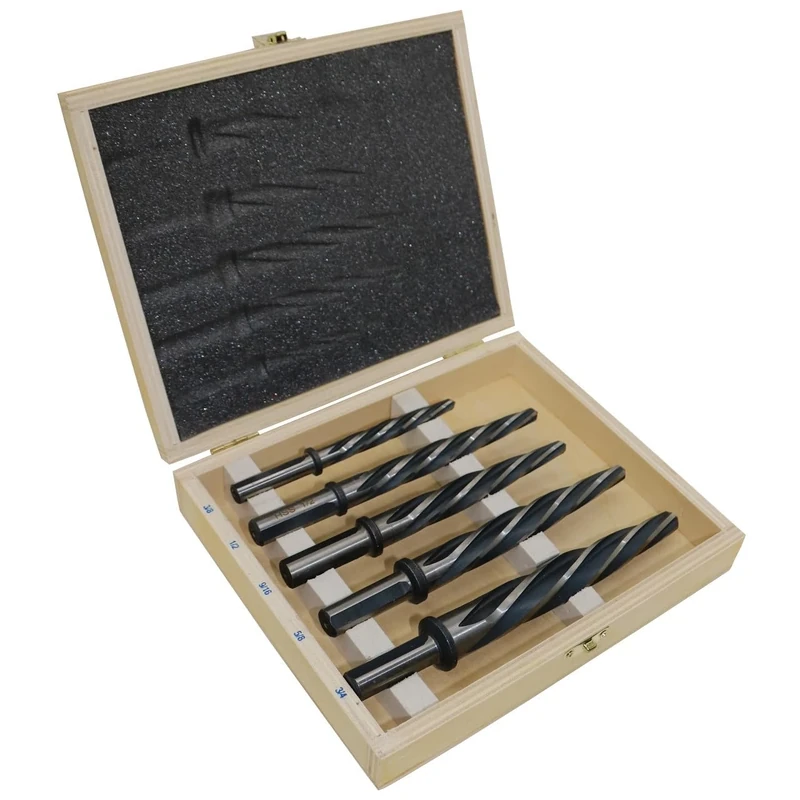 Drill America DWRRBSS5PC-SET 5 Piece HSS Bridge/Construction Reamer Set with Wooden Case, 1/2" Round Shank