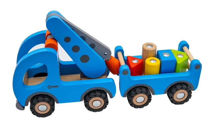 Goki Mobile Crane with Trailer, Blue Wooden Traditional Toy for Children 3+