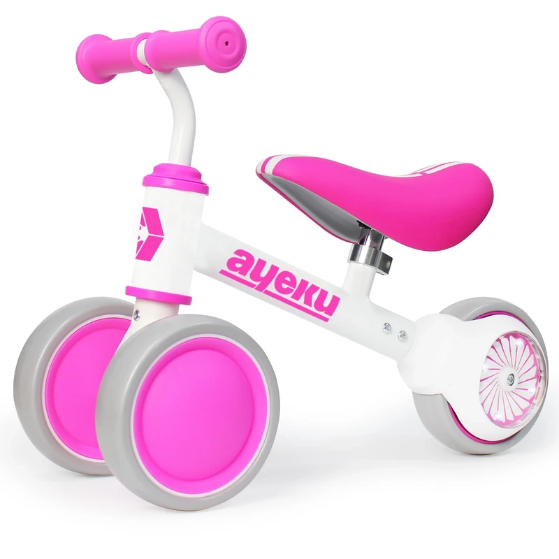 AyeKu Baby Balance Bike for Toddlers 1-3 yrs Soft Adjustable Seat Smooth Silent Wheels with LED Lights Anti Slip Grips, Perfect First Gift, Rose Flower