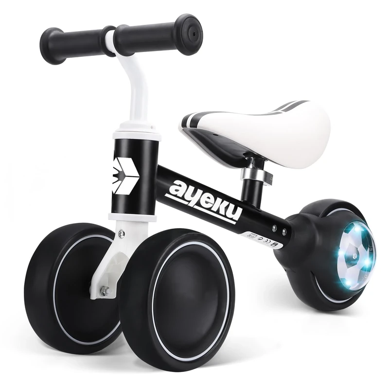 AyeKu Baby Balance Bike for Toddlers Football Edition 1-3 yrs Soft Adjustable Seat Smooth Silent Wheels with LED Lights Anti Slip Grips, Perfect First Gift, Black/White