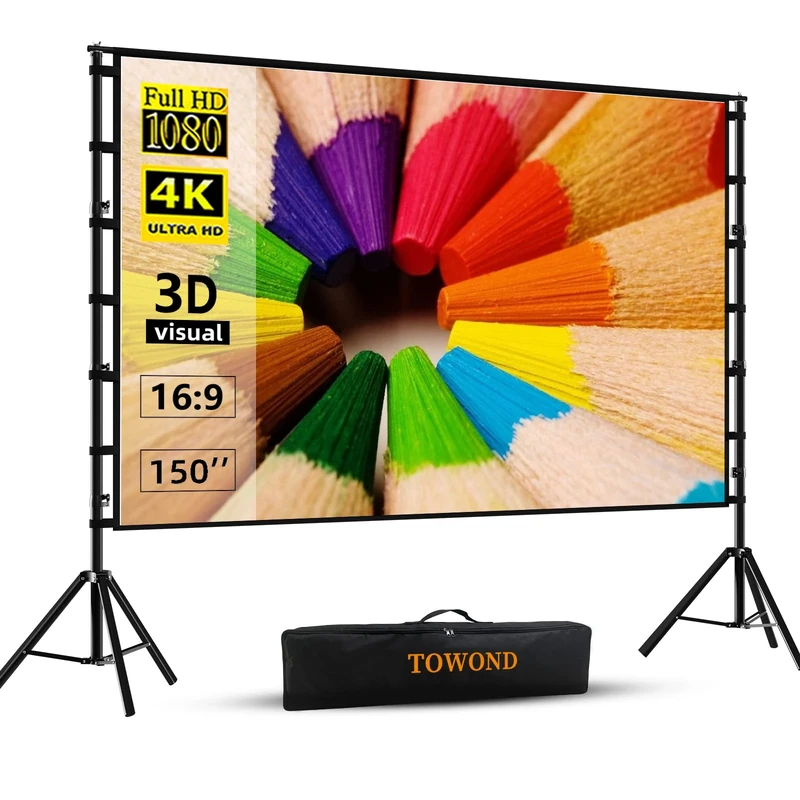 Projector Screen and Stand,Towond 150 inch Indoor Outdoor Projection Screen, Portable 16:9 4K HD Rear Front Movie Screen with Carry Bag Wrinkle-Free Design for Home Theater Backyard Cinema