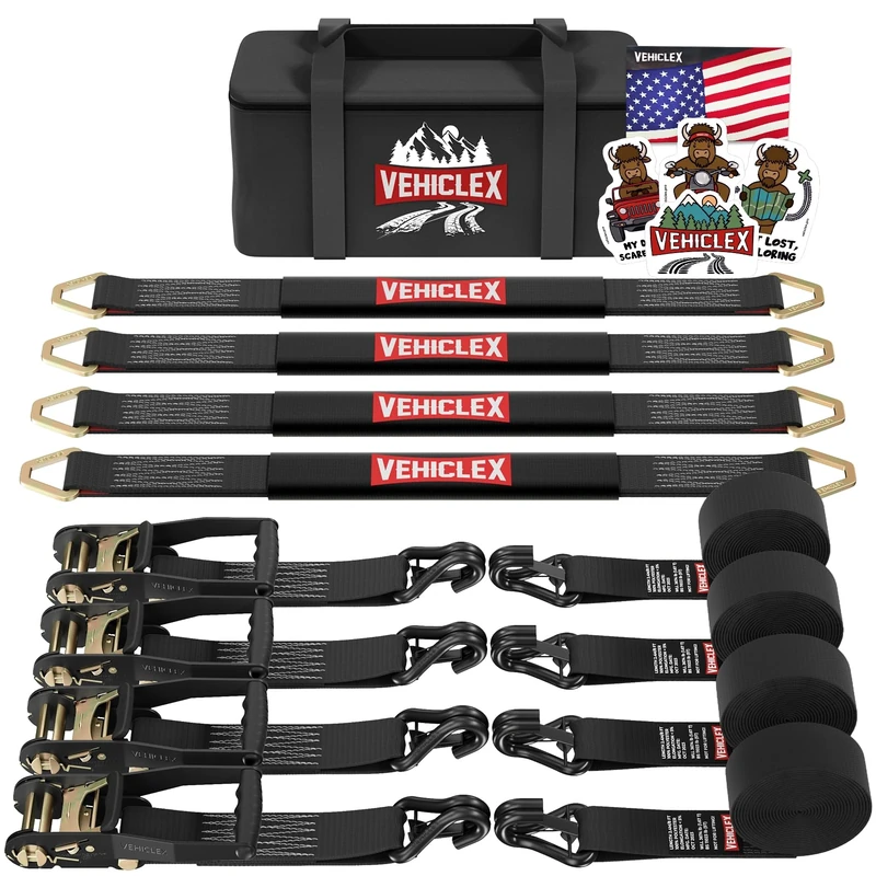 Vehiclex Car Tie Down Axle Straps 4 PCS Kit – Reinforced Axle Straps, Vinyl Coated Double J-Hooks with Clips, Heavy Duty Ratchet with Easy to Operate Length, 4 Velcro Loops Black