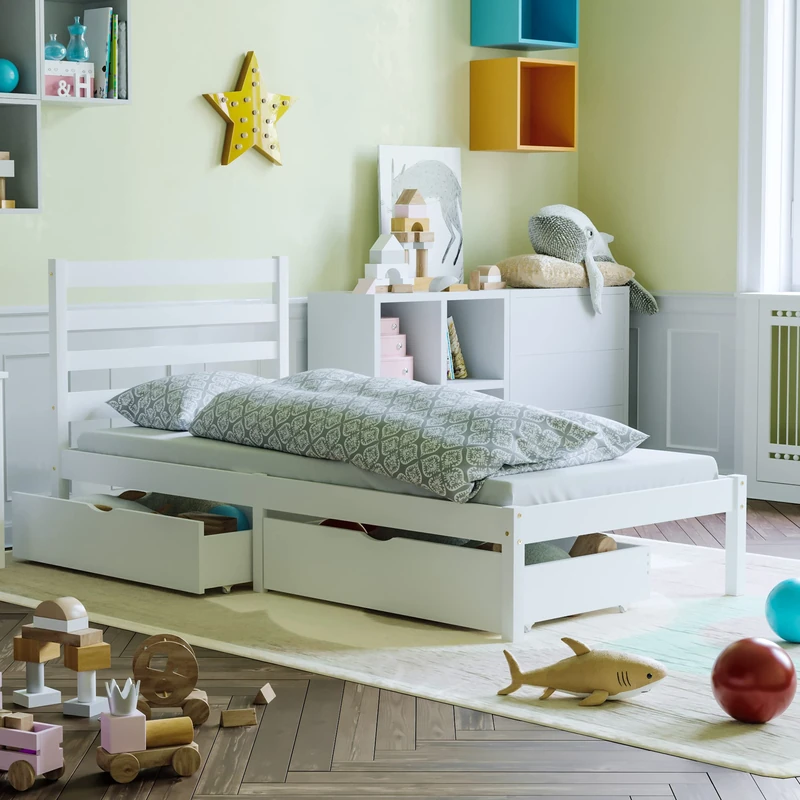 Junior Vida Libra Wooden Bed Frame 3ft Single & Under bed Drawer Storage Children Kids (White)
