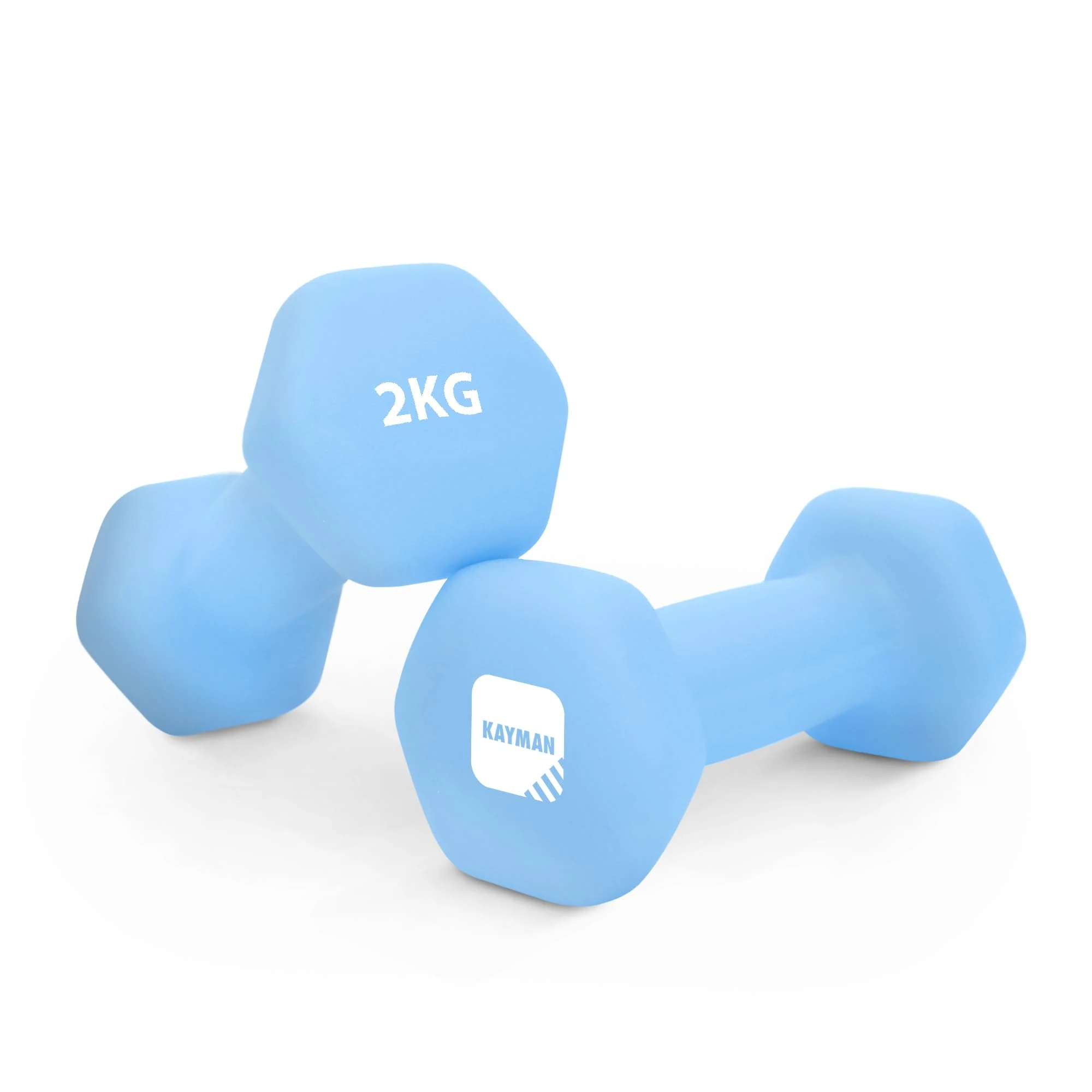 KAYMAN Neoprene Dumbbell Pair with Anti-Slip Grip, Hex Edges, Water-Resistant Surface & Free Workout Poster Guide - Weight Set for Home, Gym & Fitness Training Equipment - Unisex (2kg - Light Blue)