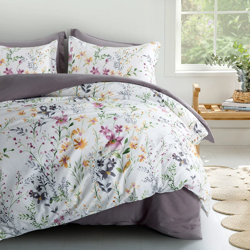 Eikei Windflower Bedding Bloomfield Floral Duvet Cover 3pc Set Cotton Botanical Nature Vines Branches Birds Butterflies Multicolored Flowers (Super King, White)