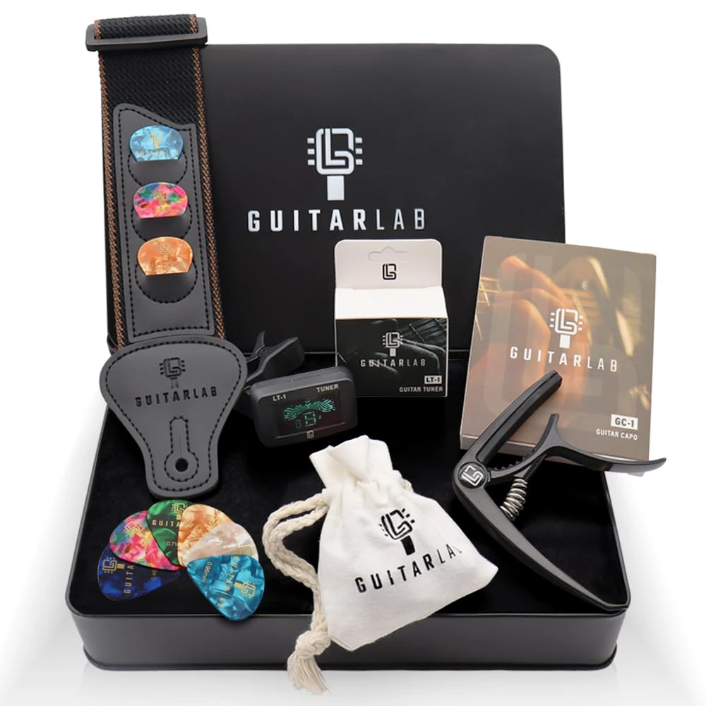 Guitar Lab Guitar Accessories Kit - Premium Metal Tin, Guitar Gifts for Men, Includes Guitar Strap, Capo, Tuner & Picks - Acoustic, Bass, Electric, Ukelele - Gift Set for Guitarists