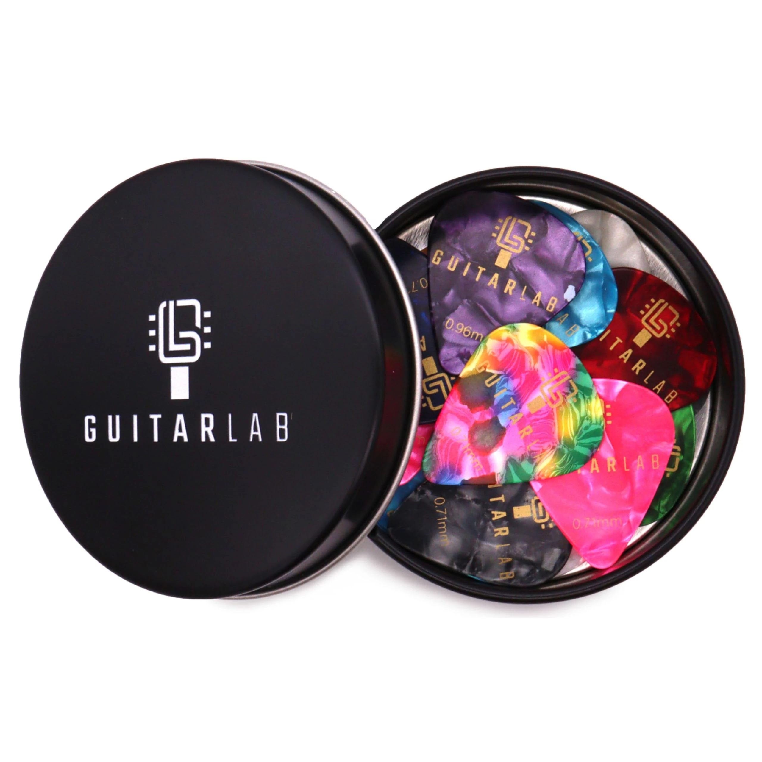 Guitar Lab Guitar Picks Gift Tin - 18pcs Plectrums for Acoustic, Electric, Bass & Ukulele - Celluloid Plectrums - Heavy, Medium & Light