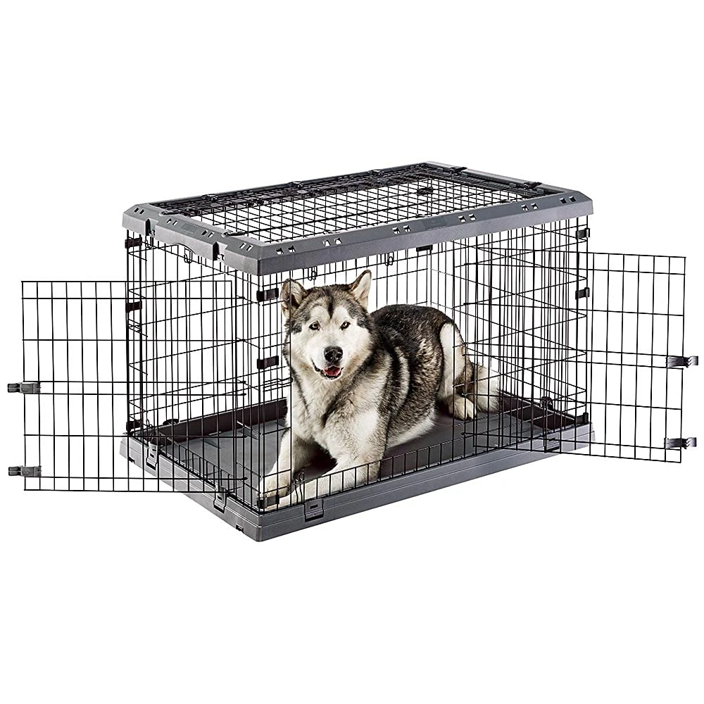 Ferplast Dog Crate Dog Cage Folding Cage for Large Dogs, Chew Resistant Plastic Base Metal Cage, Divider and Wheels included, Double lock, 3 Doors, L, 107 x 77 x h 74 cm.