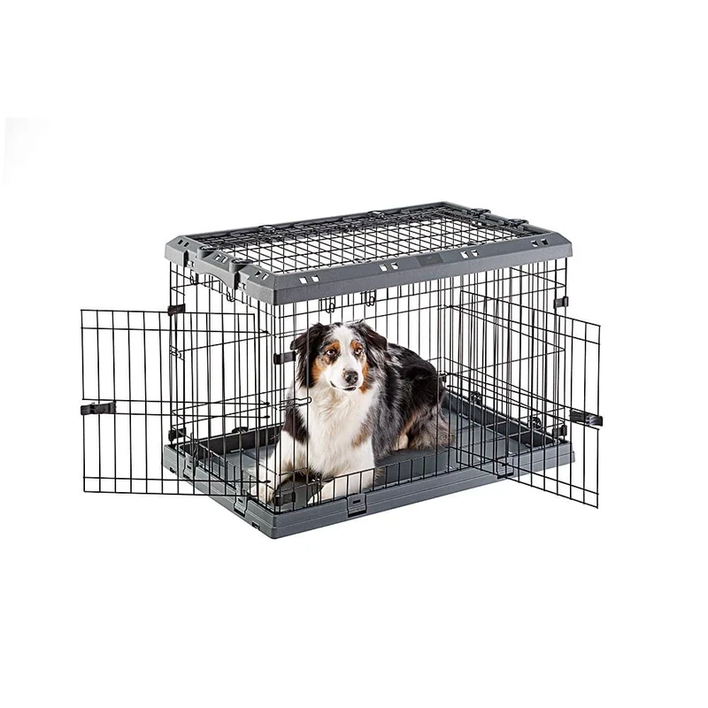 Ferplast Dog Crate Dog Cage Folding Cage for Medium Dogs, Chew Resistant Plastic Base Metal Cage, Divider and Wheels included, Double lock, 3 Doors, M, 92 x 59 x h 63 cm.