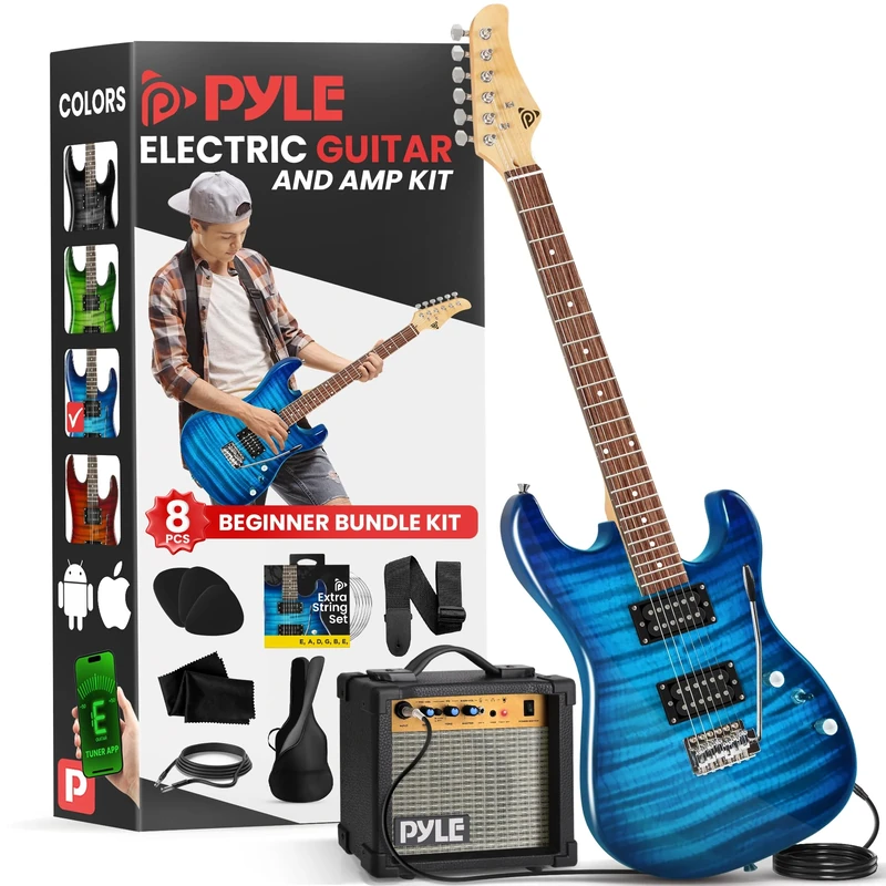 Pyle Beginner Electric Guitar Kit with Amplifier - Full Size Guitar with Humbucker Pickups, Amplifier and Accessories, 100cm-39" Blue Burst