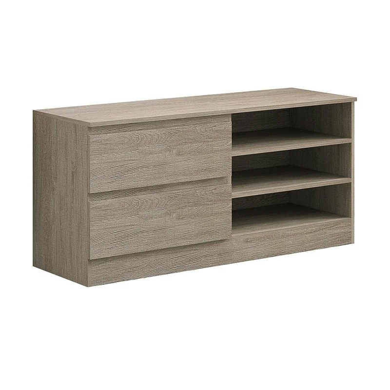 FWStyle Modern Scandinavian Rustic Brown Oak 2 Drawers 3 Shelf Open Shelving Living Room TV Unit