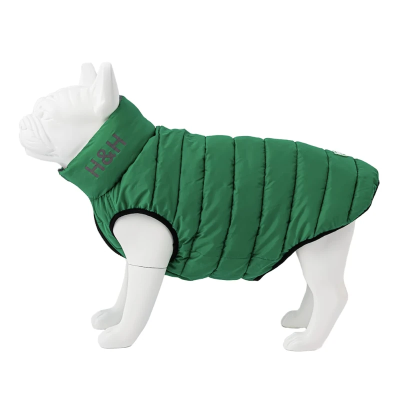 HUGO & HUDSON Reversible Dog Puffer Jacket, Windproof Water Resistant Coat, Dark Green & Grey, L65