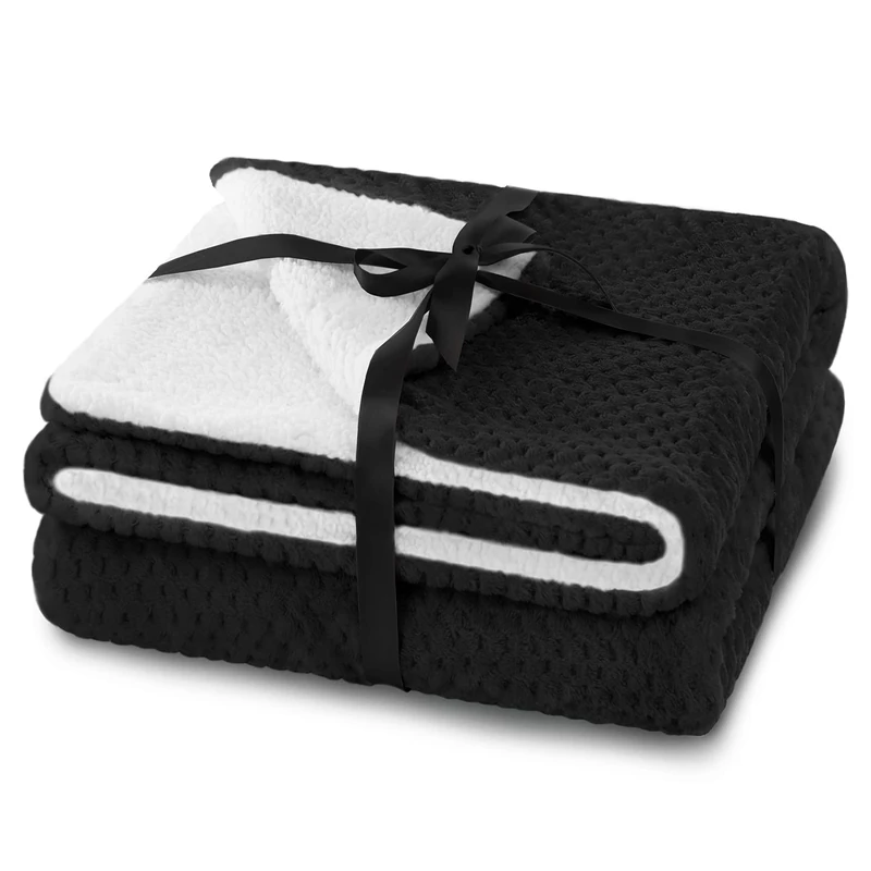 AmeliaHome Shleepy Cuddly Blanket 220 x 240 cm Delicate Quilted Sherpa Lambskin Look Black