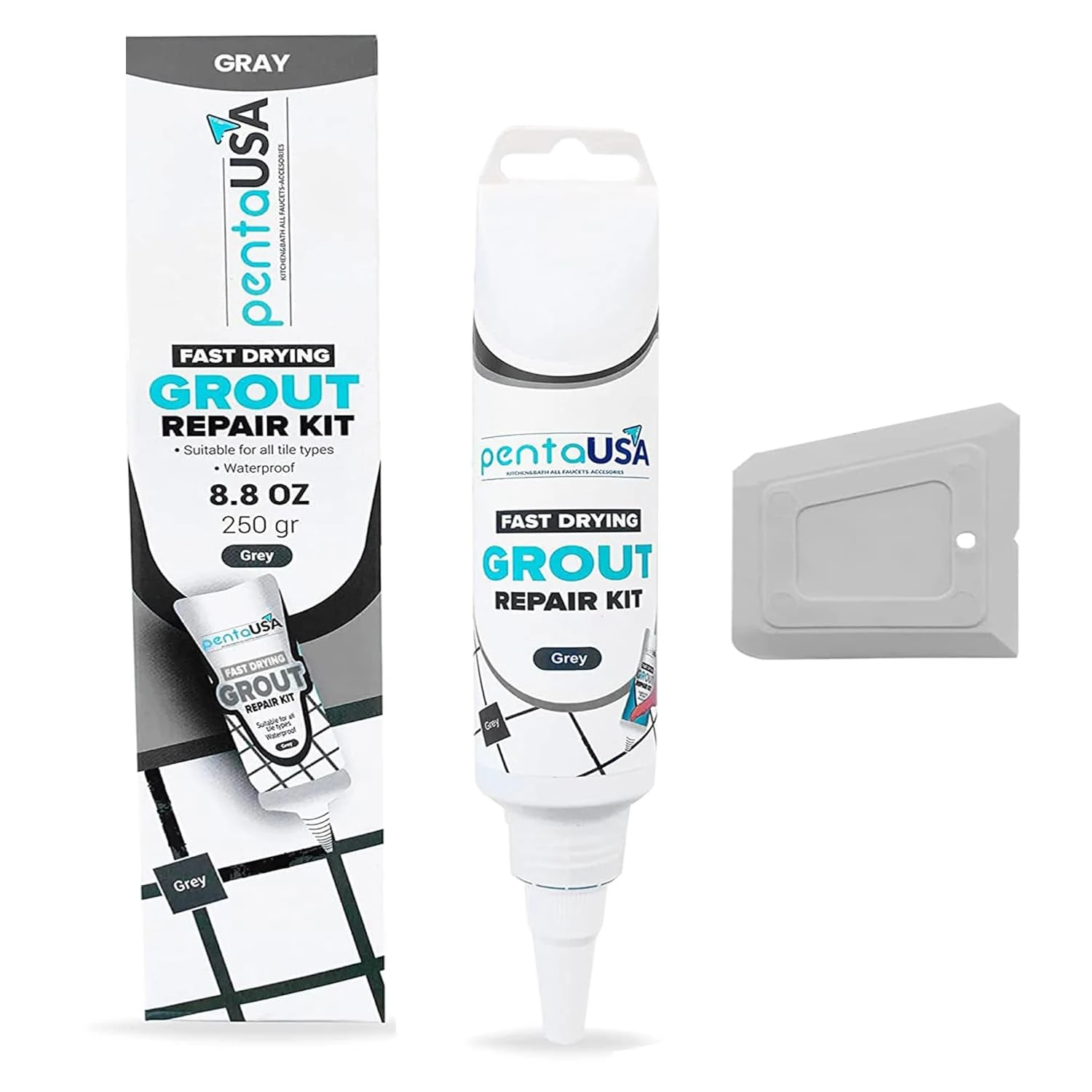 PentaUSA Grout Reviver - Ready Mixed Grout, Tile Adhesive, Fast Drying, No Sealer Required, Perfect for Bathroom, Shower and Kitchen + Mould Protection - 250gr (Grey)