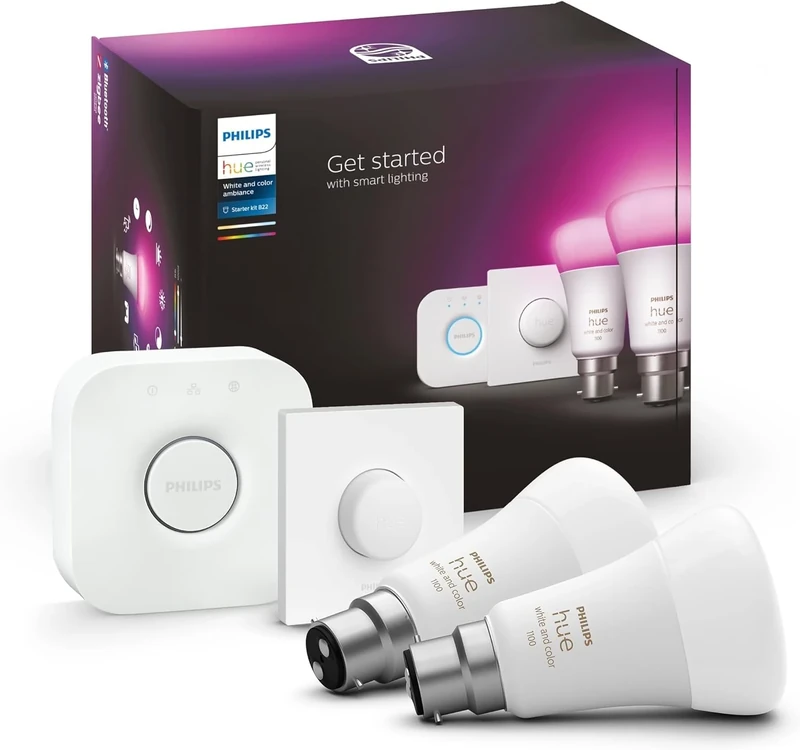 Philips Hue White & Colour Ambiance Smart Bulb Twin Pack LED [B22 Bayonet Cap] - 1100 Lumens (75W Equivalent). Works with Alexa, Google Assistant and Apple Homekit