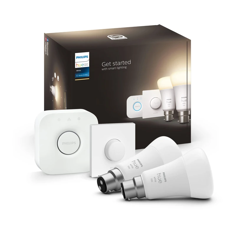 Philips Hue White Starter Kit: Smart Bulb Twin Pack LED [B22 Bayonet Cap] incl. Bridge and Dimmer Switch - 1100 Lumens (75W Equivalent). Works with Alexa, Google Assistant and Apple Homekit