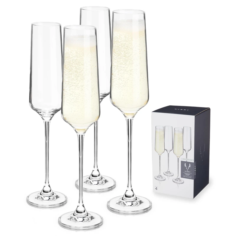 Viski Champagne Flutes, 4 Lead-Free Crystal Sparkling, Stemmed Wine Glass Set European Made Glassware, Set of 4, Clear, (10103)
