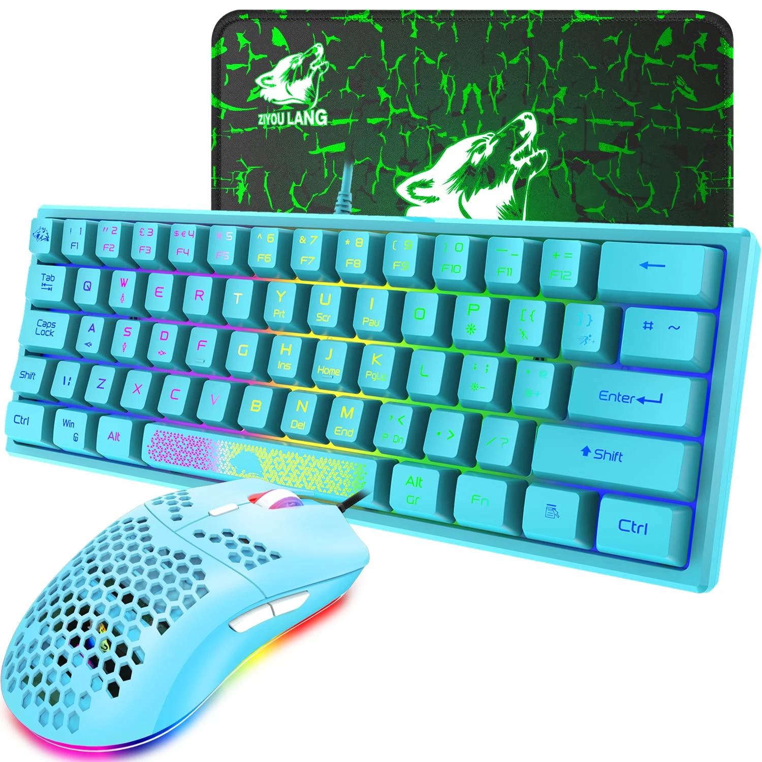 ZIYOU LANG K61 UK Layout RGB 60 Percent Gaming Keyboard Mouse Set Wired 62 Keys Mini Portable 7 LED Backlit 19 key Anti-ghosting + 6400 DPI Ultralight Honeycomb Shell +Mouse Pad -Blue
