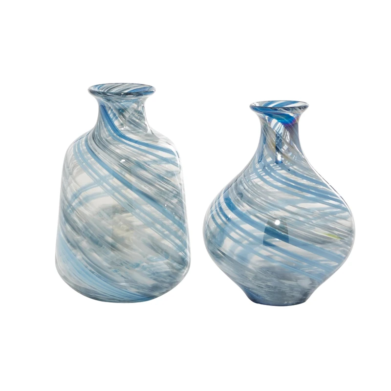 Deco 79 Glass Handmade Blown Vase, Set of 2 7" W, 10" H, Blue - Image 1