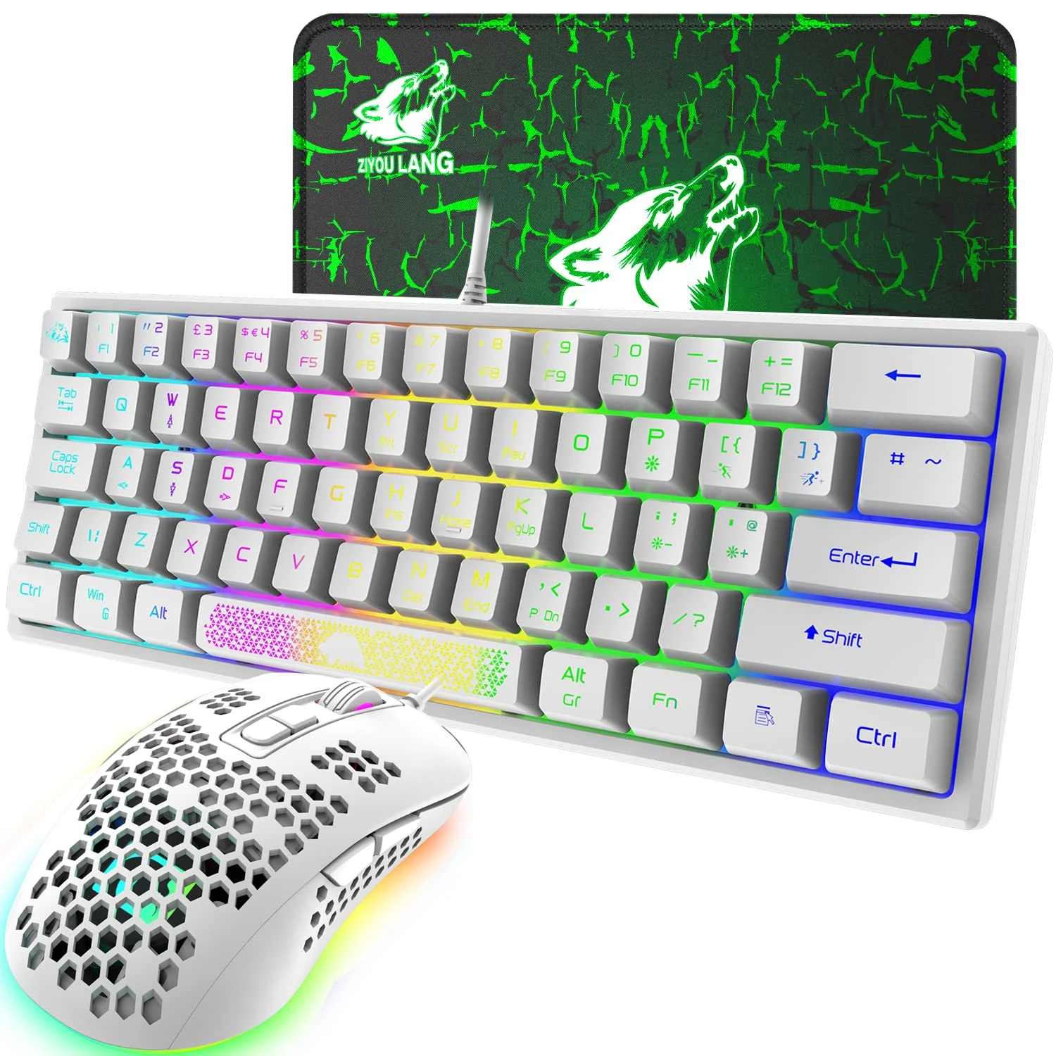 K61 UK Layout RGB 60% Gaming Keyboard Mouse Set Wired 62 Keys Mini Portable Keyboard 7 RGB LED Backlit 19 key Anti-ghosting + 2400 DPI Ultralight Gaming Mouse Honeycomb Shell +Mouse Pad -White