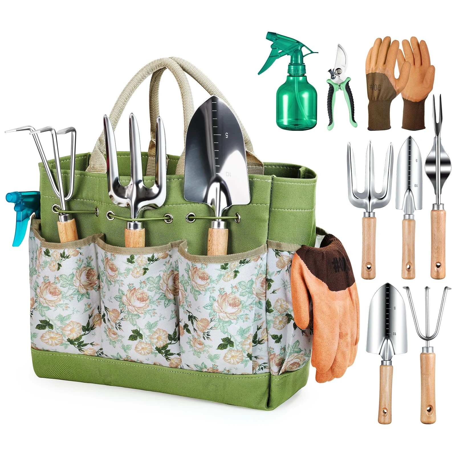 Heavy Duty Garden Tools Set, 9-Piece Stainless Steel Rust-Proof Gardening Kit with Non-Slip Ergonomic Handles & Durable Storage Tote Bag, Gardening Gifts for Women Men, Indoor/Outdoor Plant Tools