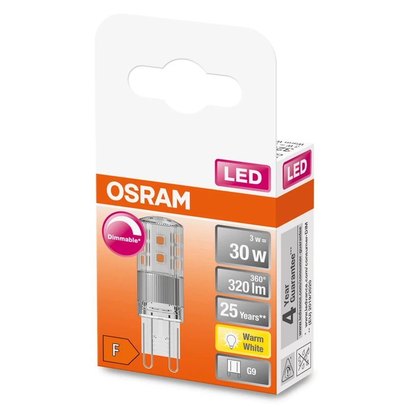 OSRAM Dimmable LED PIN lamp with G9 Base, Warm White (2700K), 350 Lumen, Clear Glass, Multi-Pack