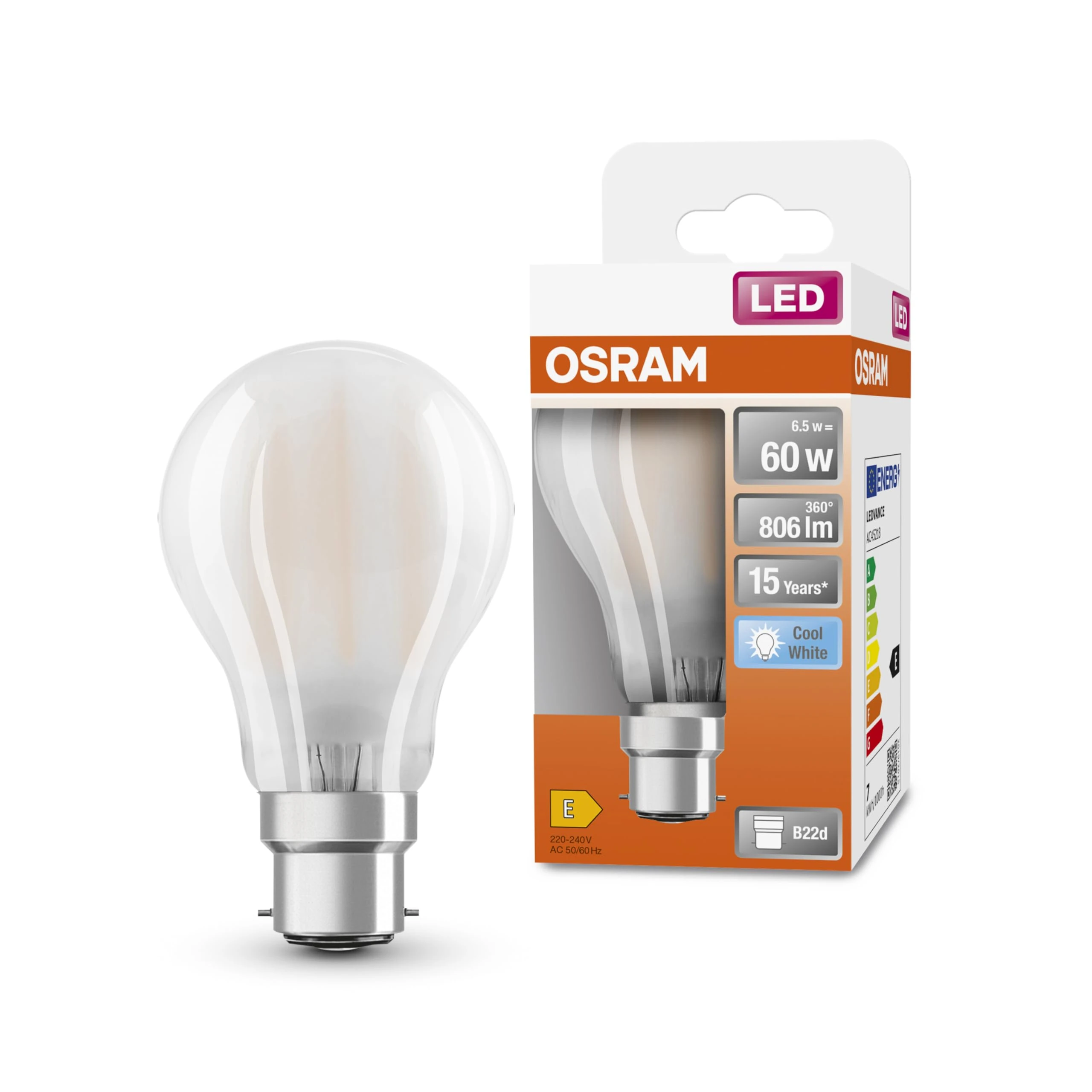 OSRAM LED Star frosted filament LED lamp, B22d base, cool white (4000K), bulb shape, replacement set for conventional 60W bulbs, 1-pack