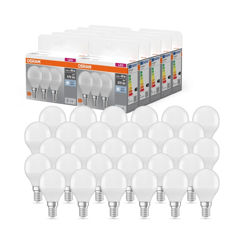 OSRAM LED BASE Classic P40, frosted filament LED lamps made of glass for E14 base, candle shape, cool white (4000K), 470 lumen, replaces conventional 40W light bulbs, box of 30 lamps