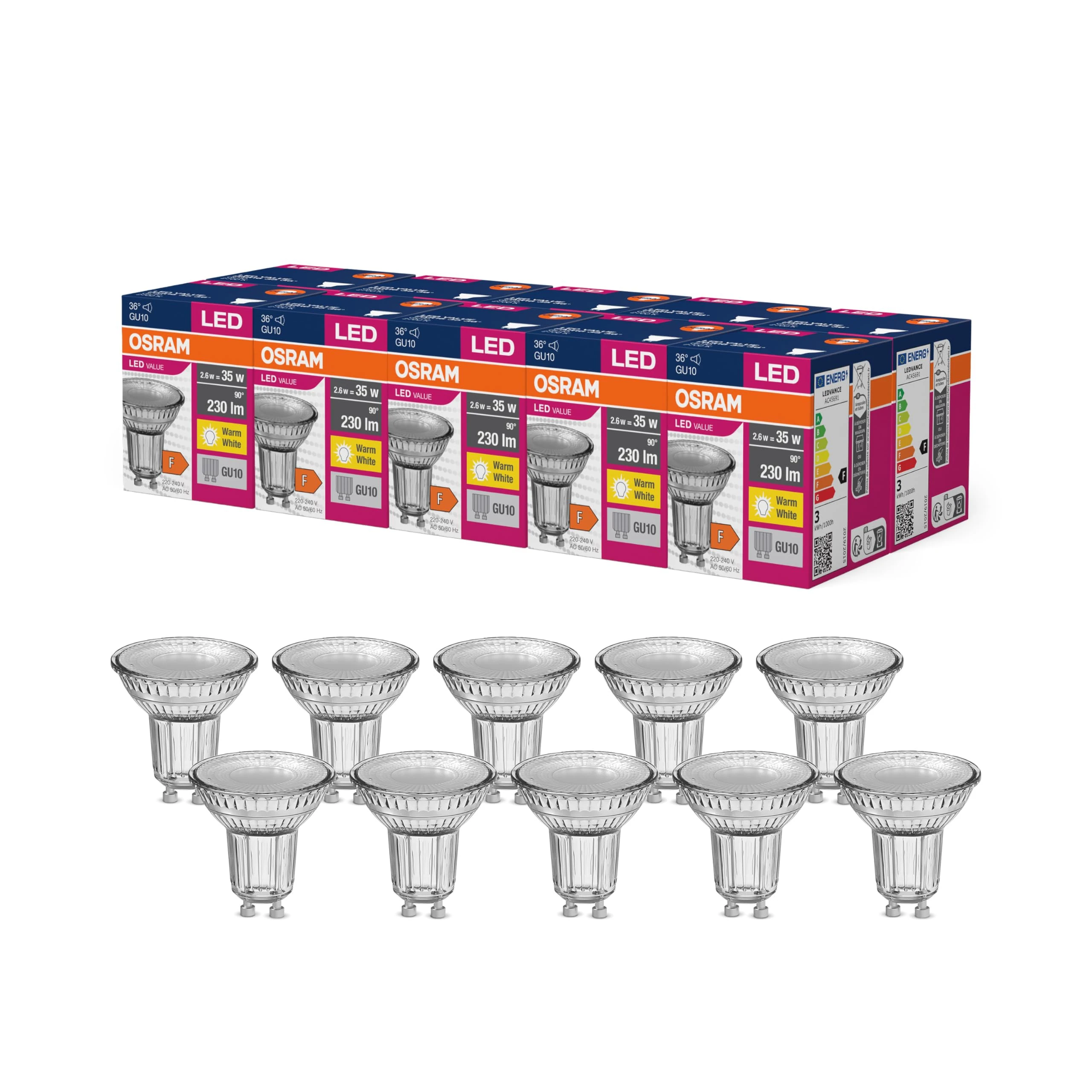 OSRAM LED Star Value PAR16 Reflector Bulb with 36 Degree Beam Angle, GU10 Base, 2.6 Watt, Warm White (2700K), Replacement for Traditional 35 Watt Spot Lamps, Pack of 10