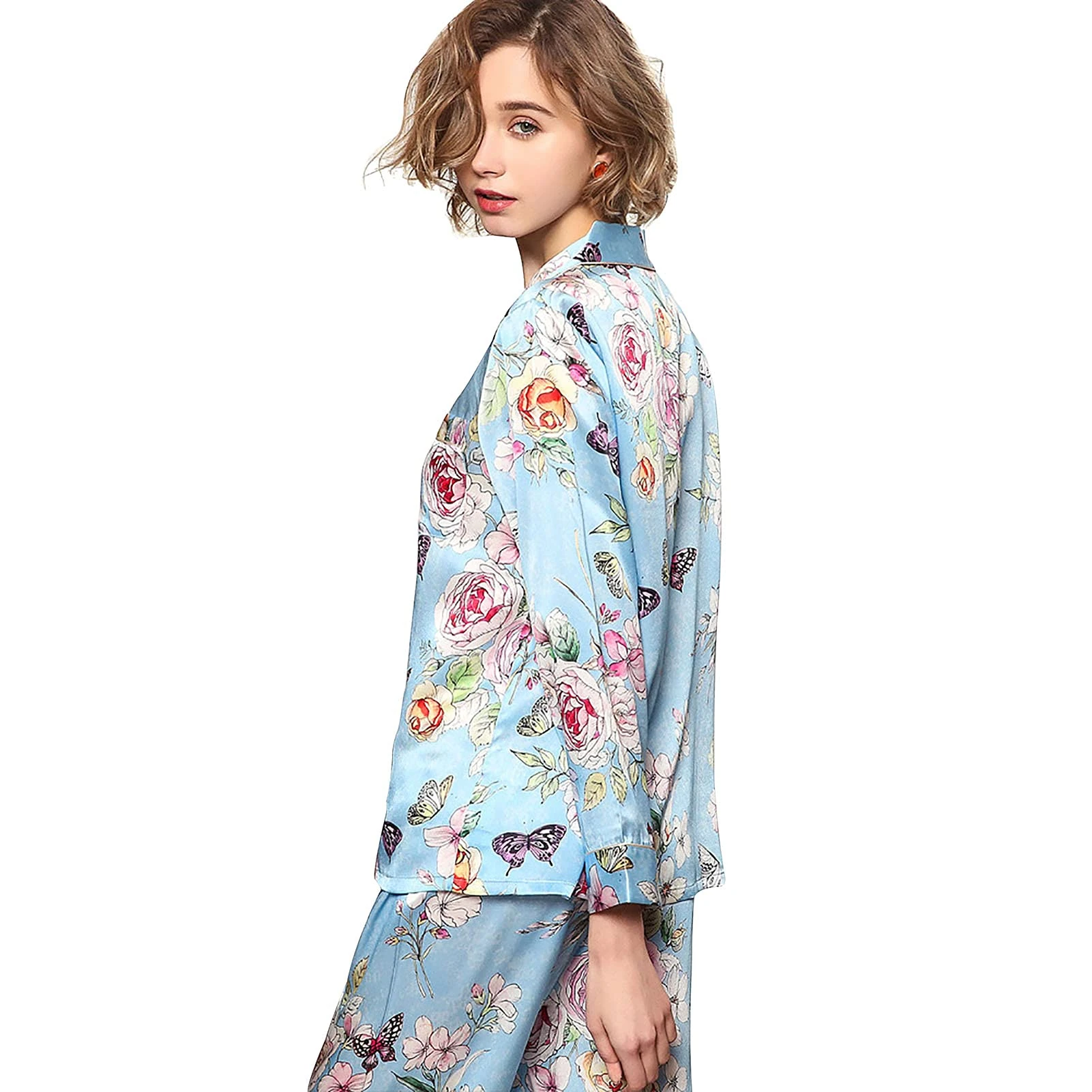 AIYIFU Ladies Silk Pyjamas 100% Pure Natural Silk Two Piece Pjs Sets Luxury Nightwear Loungewear Set,Blue,XL