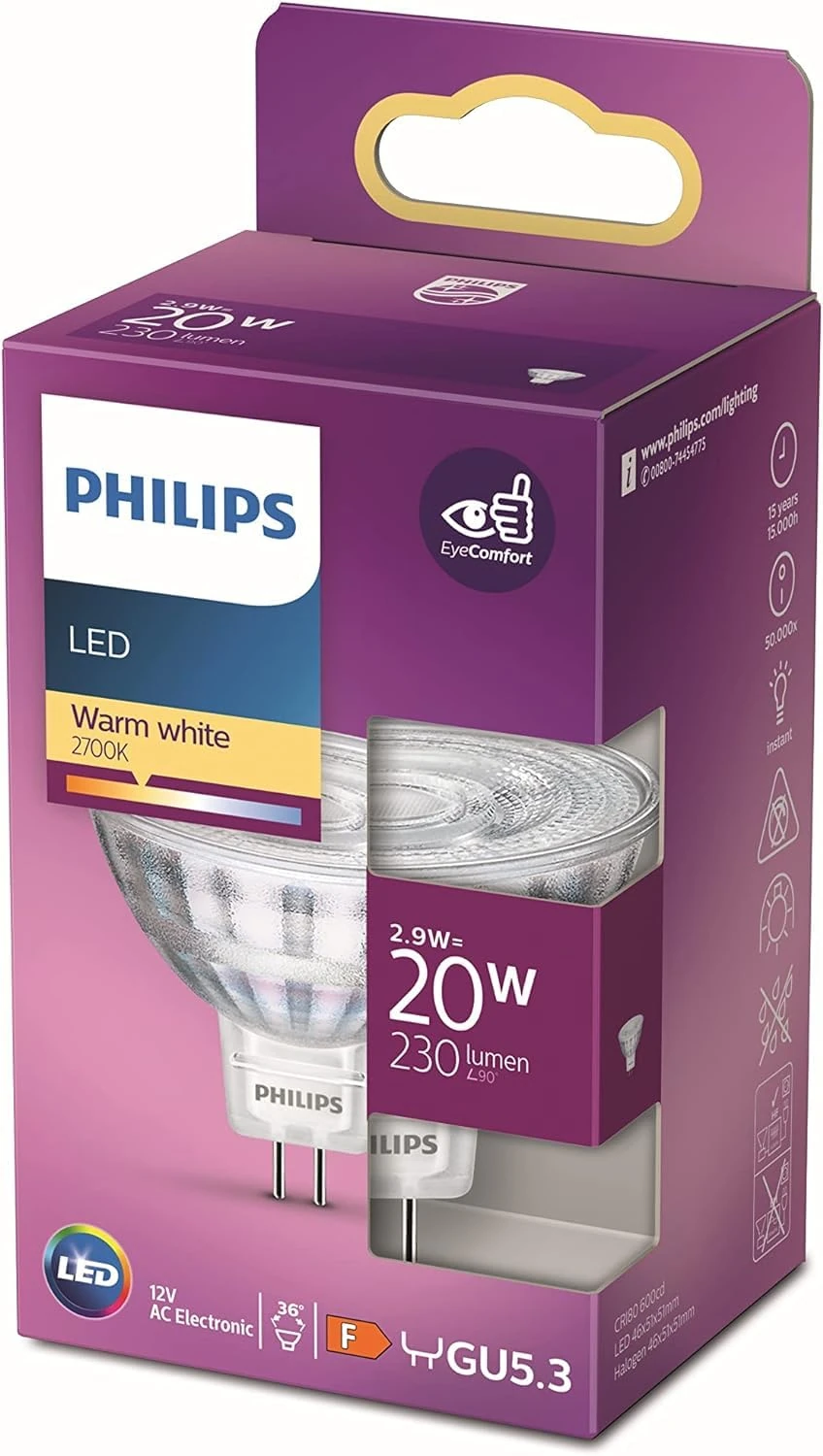 Philips LED GU5.3 Bulb, 20 W, Reflector, Silver, 36° Rotation, Warm White