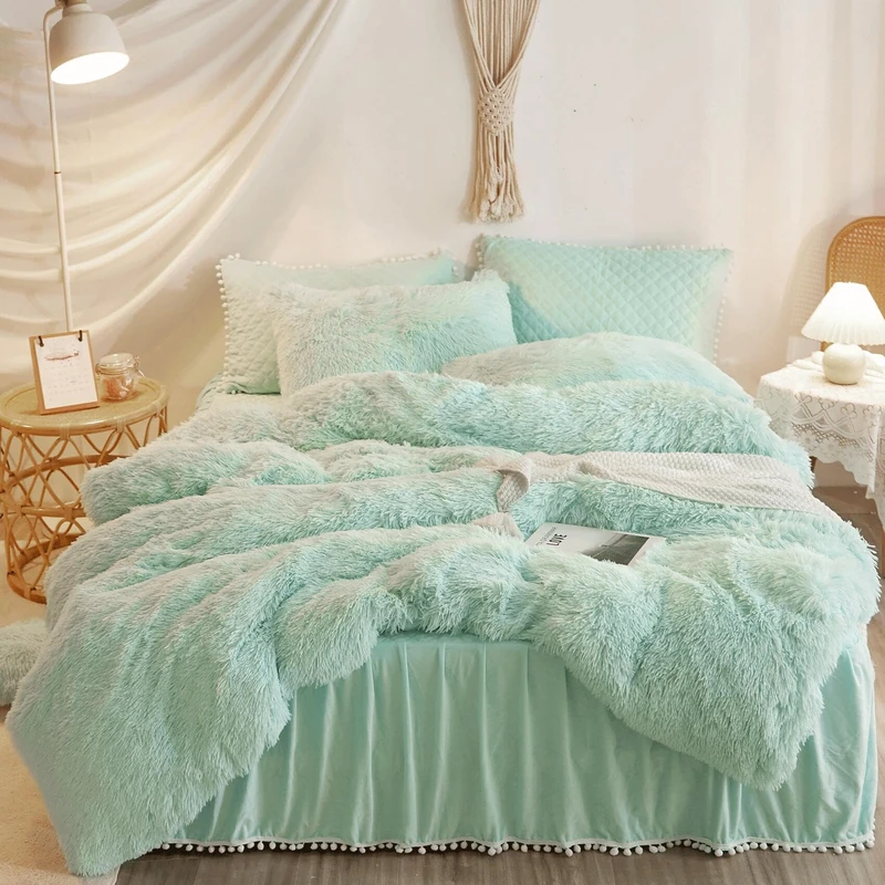 HAIHUA Fuzzy Mint Green Comforter Cover Queen Set, Soft Furry Plush Mint Green Bedding Queen Set 3 Pieces (1 Faux Fur Duvet Cover + 2 Fluffy Pillow Cases) Shaggy Bed Set, Zipper Closure