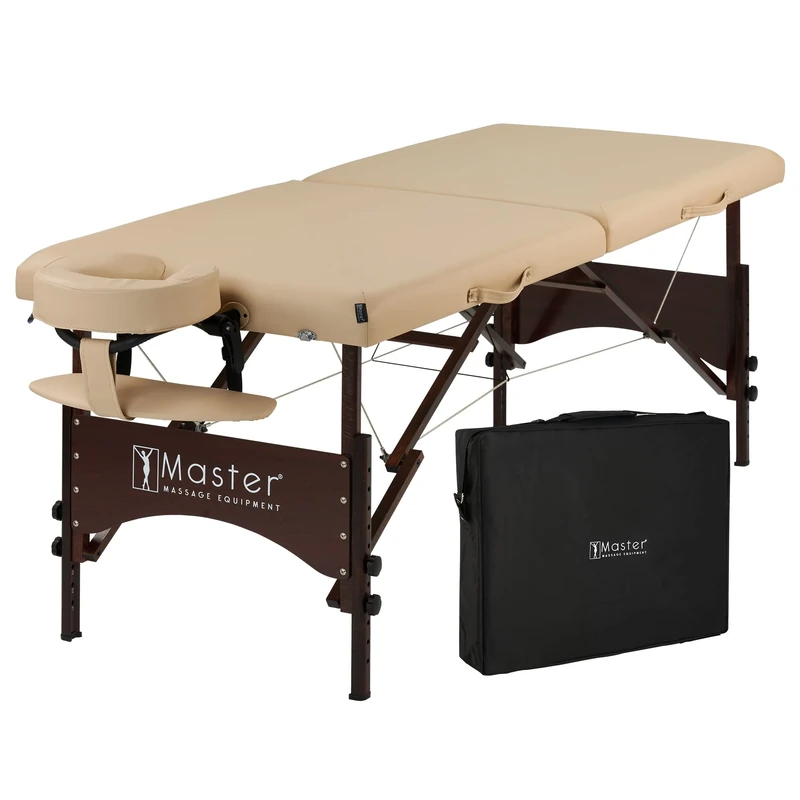 Master Massage 71 cm Argo Portable Bed Walnut Wood Legs Carry Bag Mobile Massage Table Cosmetic Table Therapy Bed Treatment Lounger Foldable Wood Ultralight Beige