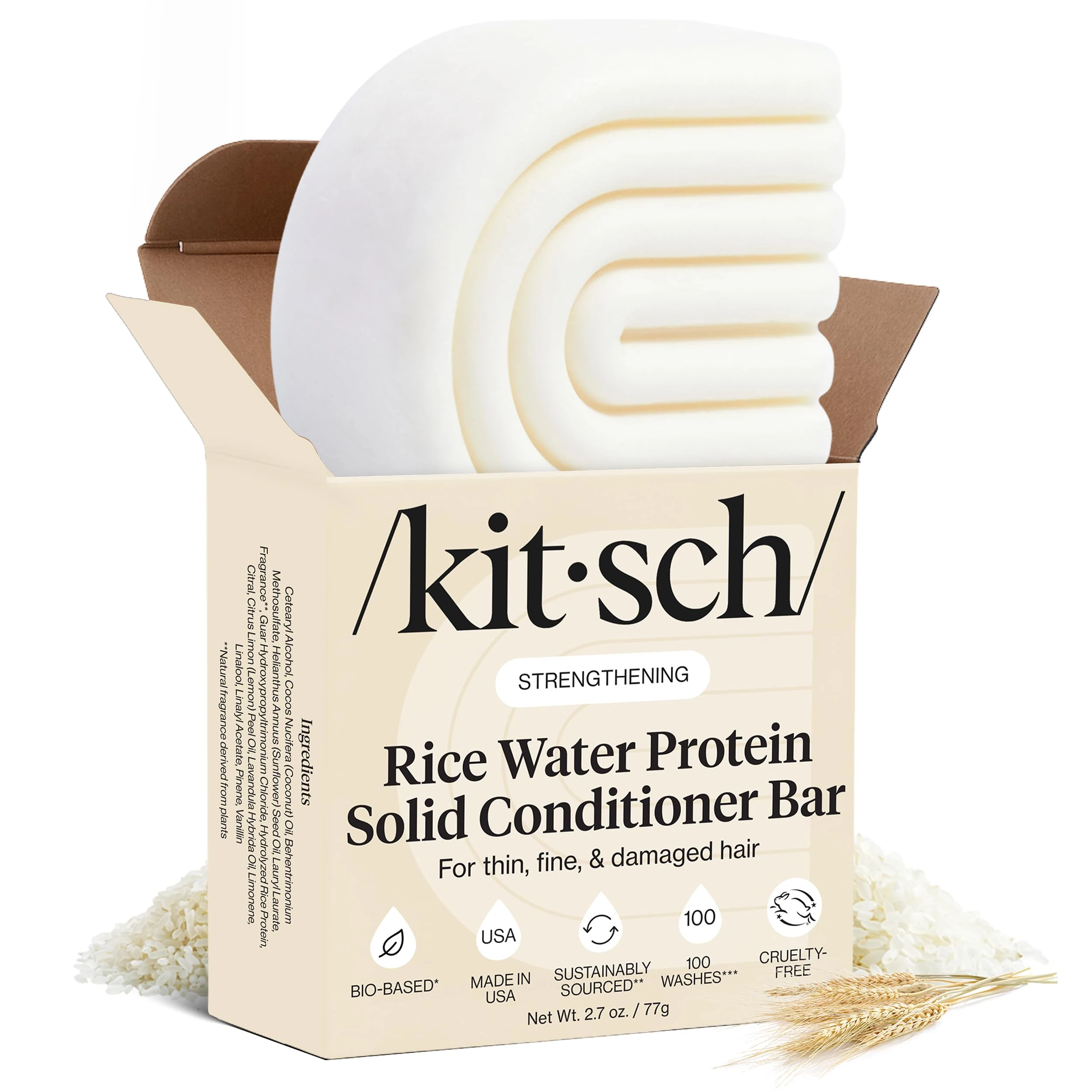 Kitsch Rice Water Hair Conditioner Bar 77g - Solid conditioner Bar for Strengthening & Moisturizing for All Hair Types - Hair Conditioner for Women - Sulfate-Free, Paraben-Free - Made in USA