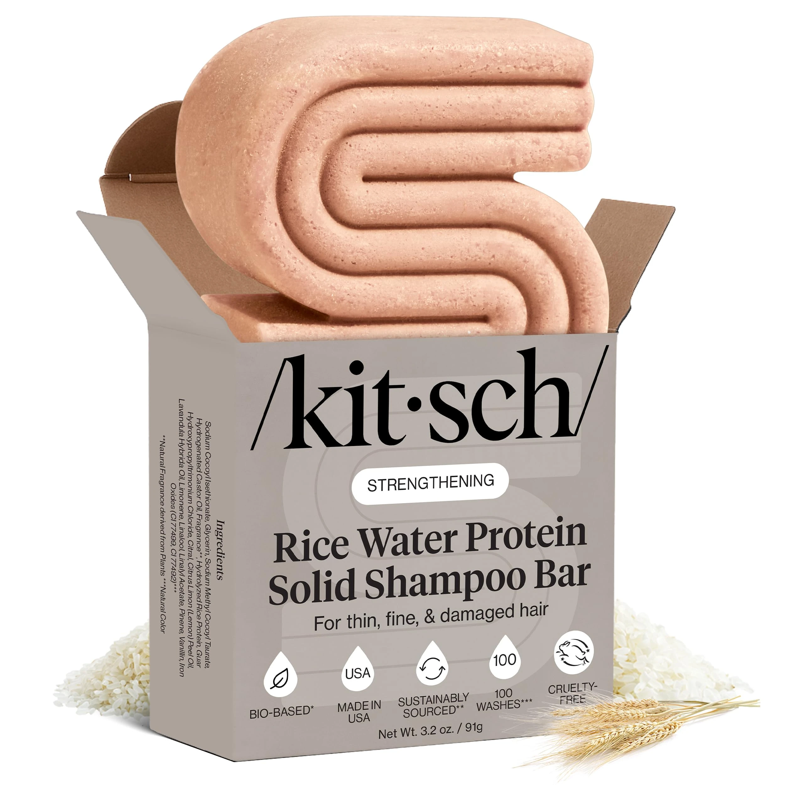 Kitsch Shampoo Bar with Rice Water 91g – Solid Bar Shampoo for Hair Thickening, Strengthening and Moisturizing, Rice Water shampoo bars for Thinning Hair, Paraben-Free, Hair Care