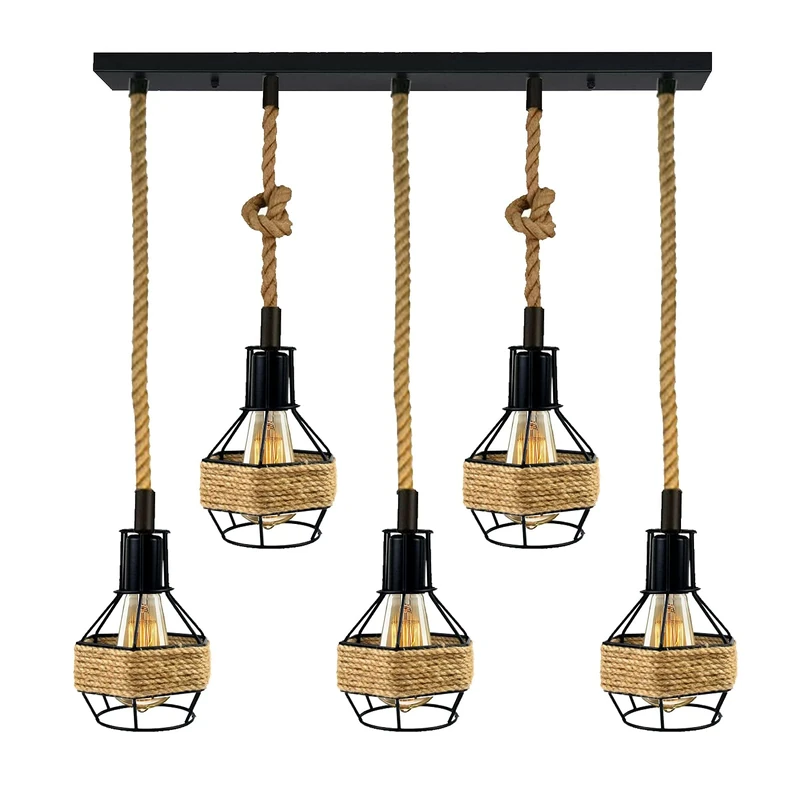 LEDSone 5 Head Vintage E27 Pendant Light Fitting – 1m Twisted Braided Cable Ceiling Lamp Holder Kit for Indoor Hanging Lighting in Kitchen, Dining Room, Bar, Café, Loft