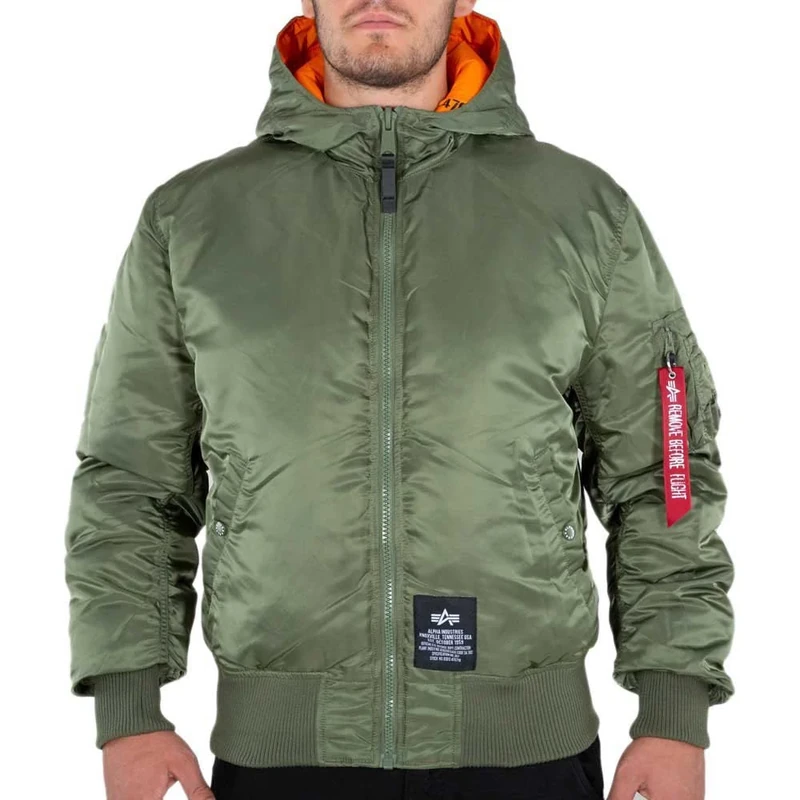 ALPHA INDUSTRIES Men's Hooded Puffer FD Rev. Jacket, sage/Orange, S