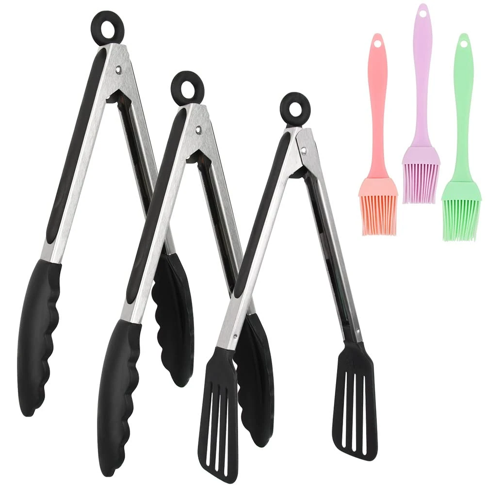6 PCS 9 Inch Stainless Steel Food Tongs, Black,Kitchen Tongs,Food Tongs with Silicone Head and Non-Slip Heat Resistant Handle,Silicone Tongs for Grilling,Serving,Salads,Sliding Grillware